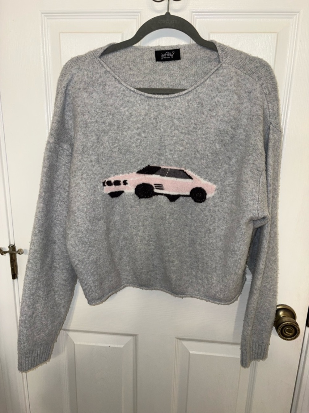 Gray Crewneck Sweater with Pink Car Motif